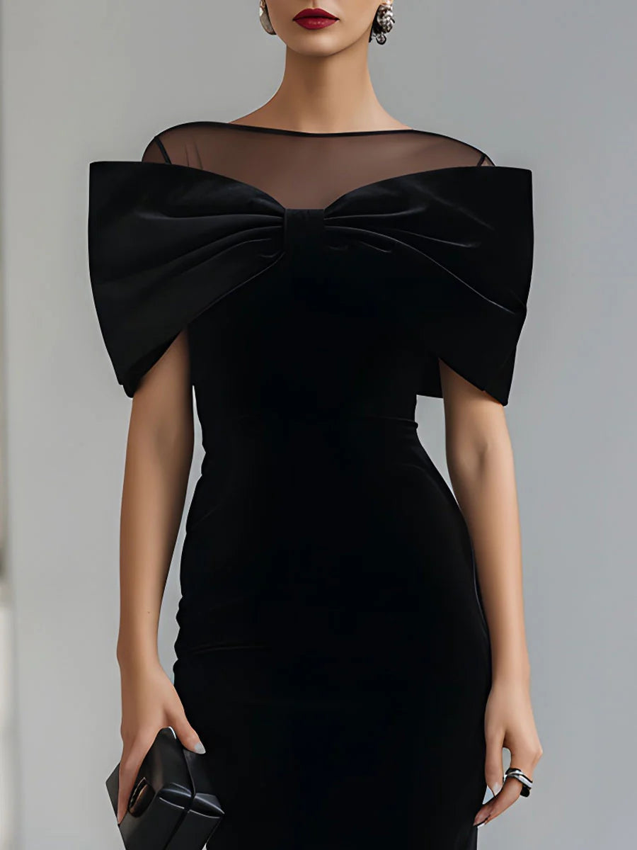 Elegant Black Velvet Midi Dress for Women with Illusion Neck Bow Off Shoulder Bodycon Cocktail Style