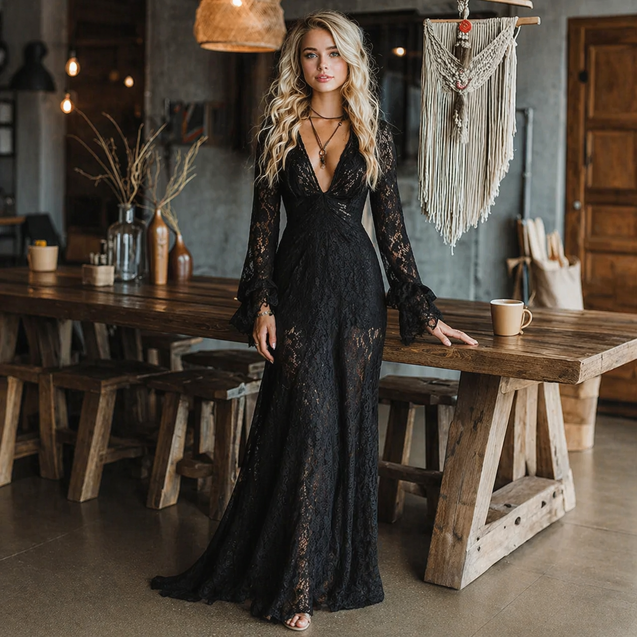 Elegant Black Lace Maxi Dress for Women with V Neck Bell Sleeve Ruched Bohemian Style