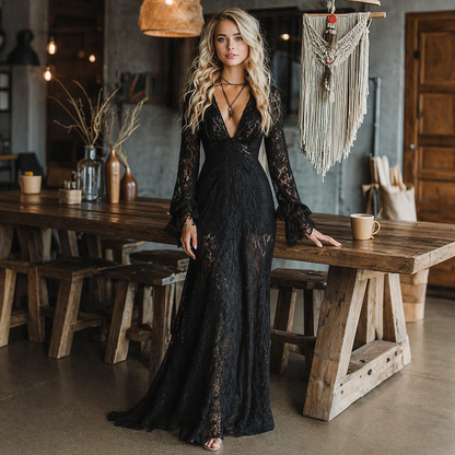 Elegant Black Lace Maxi Dress for Women with V Neck Bell Sleeve Ruched Bohemian Style