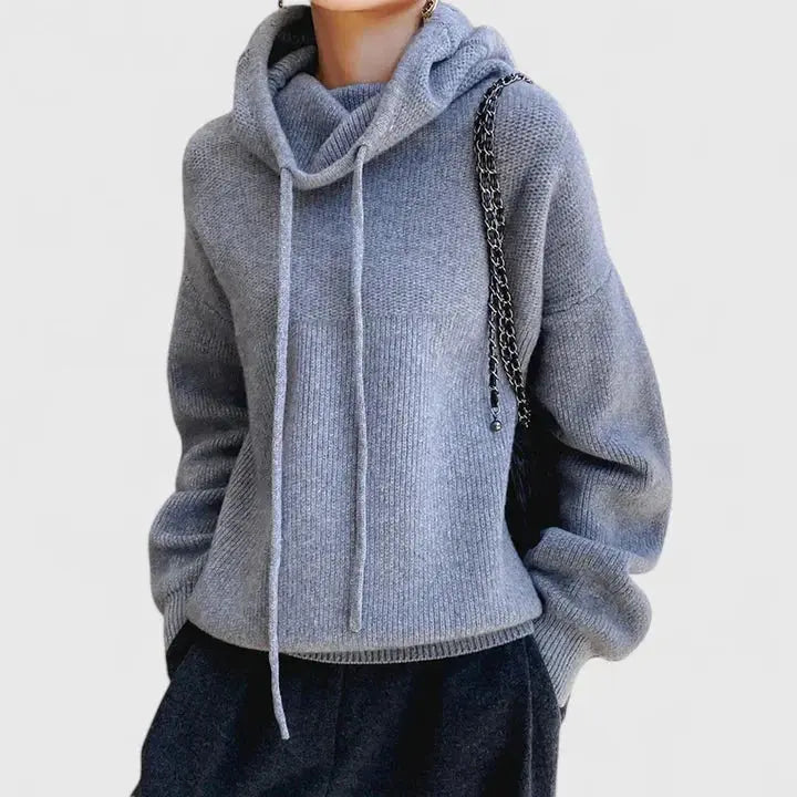 Comfortable Drawstring Hoodie Sweater for Women with Cowl Neck Long Sleeve Relaxed Oversized Knit Style