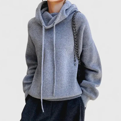 Comfortable Drawstring Hoodie Sweater for Women with Cowl Neck Long Sleeve Relaxed Oversized Knit Style
