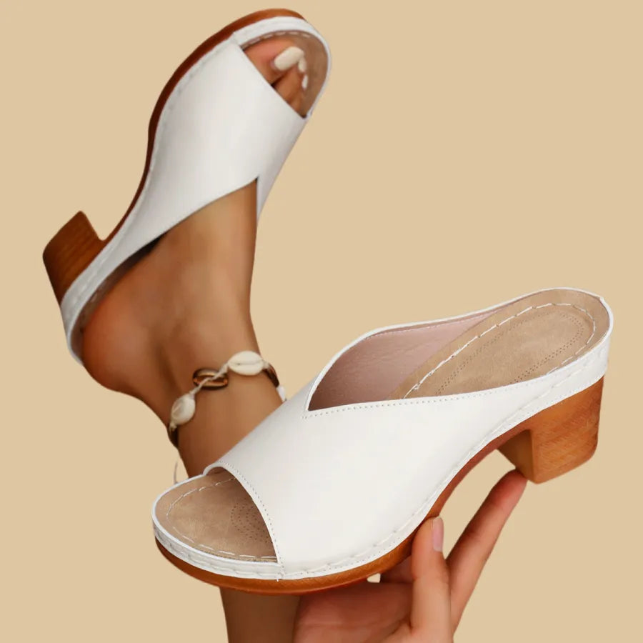 Comfortable Mules Heels for Women with Wide Band Wood Look Block Heel Peep Toe Slide Style