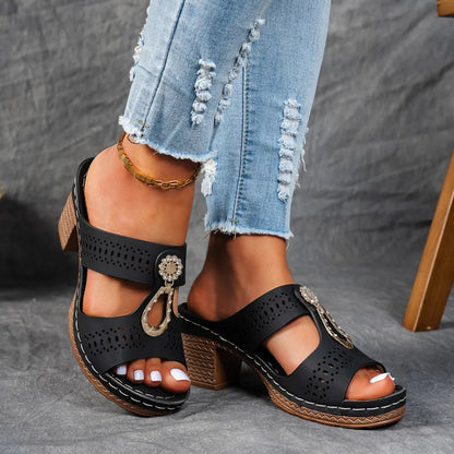 Comfortable Mules Heels for Women with Metal Ring Detail Block Heel Open Toe Slip On Style