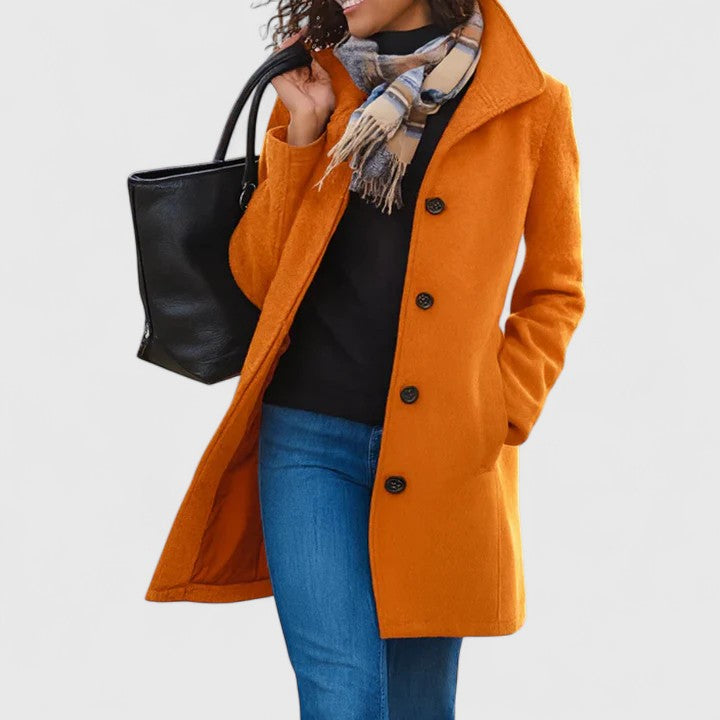 Elegant Wool Coat for Women with Lapel Collar Long Sleeve Button Front Casual Style