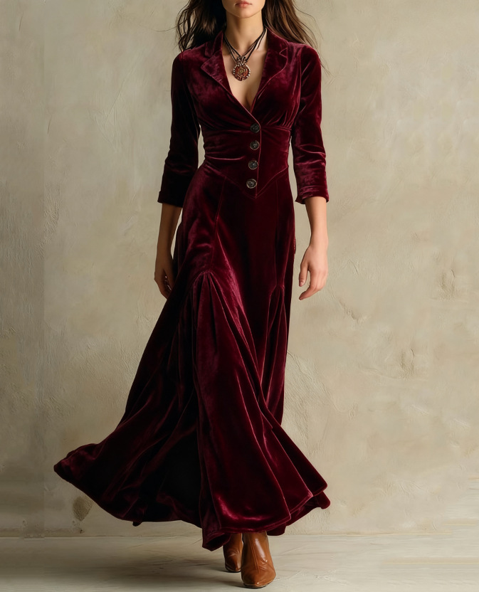 Elegant Velvet Maxi Dress for Women with Notched Lapel V Neck Elbow Sleeve Button Front Flowing Style