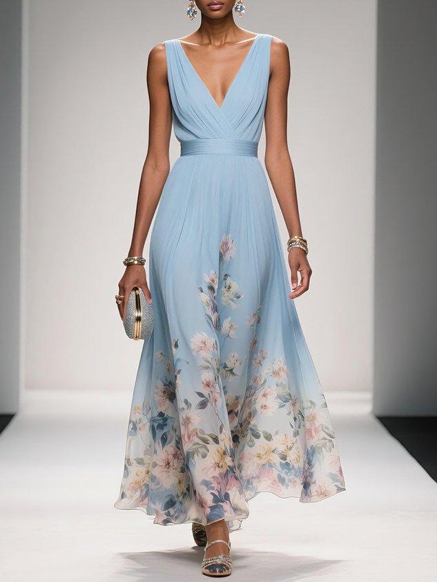 Elegant Floral Maxi Dress for Women with V Neck Sleeveless Pleated Waist Flowing Wedding Guest Style