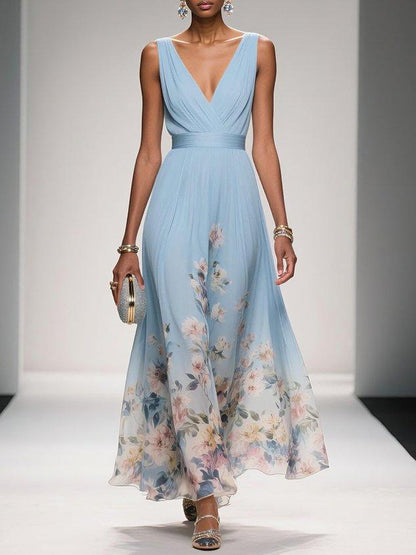 Elegant Floral Maxi Dress for Women with V Neck Sleeveless Pleated Waist Flowing Wedding Guest Style
