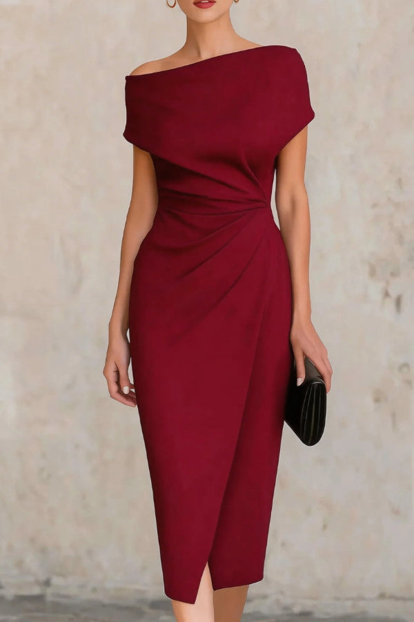 Elegant Draped Midi Dress for Women with Asymmetric Neckline Cap Sleeve Ruched Wrap Cocktail Style