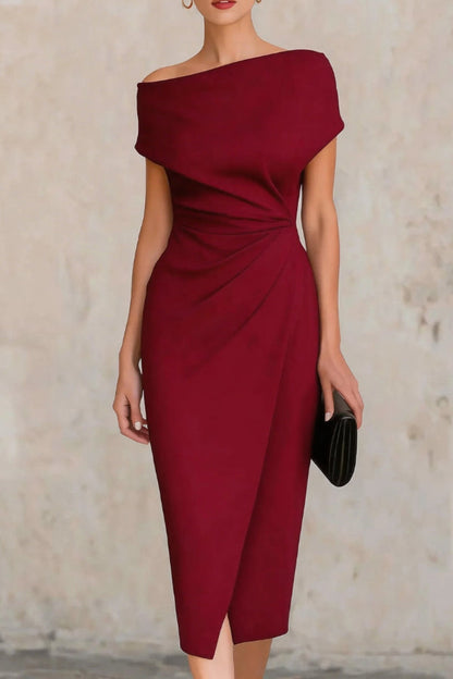 Elegant Draped Midi Dress for Women with Asymmetric Neckline Cap Sleeve Ruched Wrap Cocktail Style