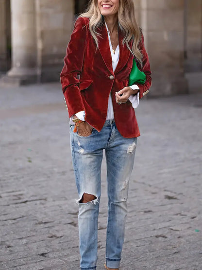 Elegant Velvet Blazer for Women with Peak Lapel Long Sleeve Single Button Tailored Style