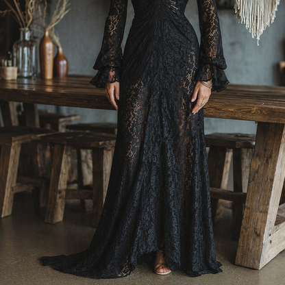 Elegant Black Lace Maxi Dress for Women with V Neck Bell Sleeve Ruched Bohemian Style