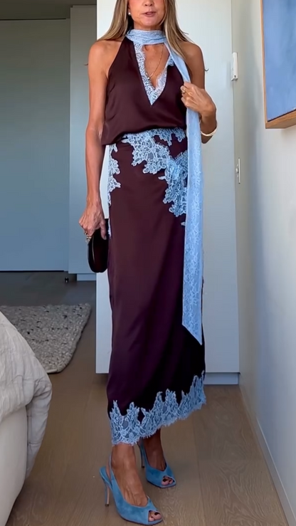 Elegant Brown Satin Maxi Dress for Women with Halter Neck Lace Trim Flowing Style