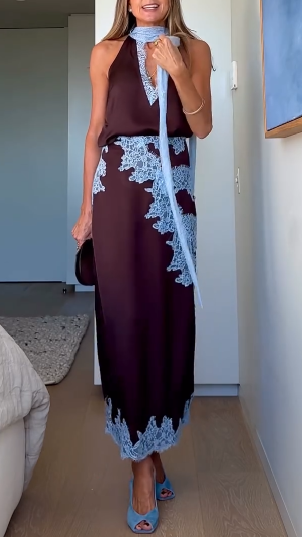 Elegant Brown Satin Maxi Dress for Women with Halter Neck Lace Trim Flowing Style