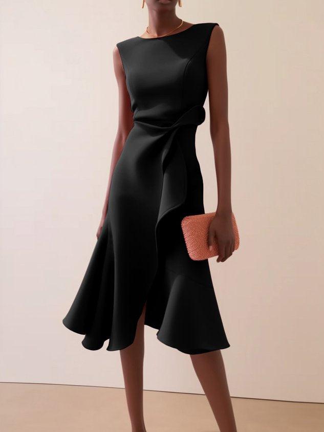 Elegant Draped Midi Dress for Women with Boat Neck Sleeveless Ruffle Hem Cocktail Style