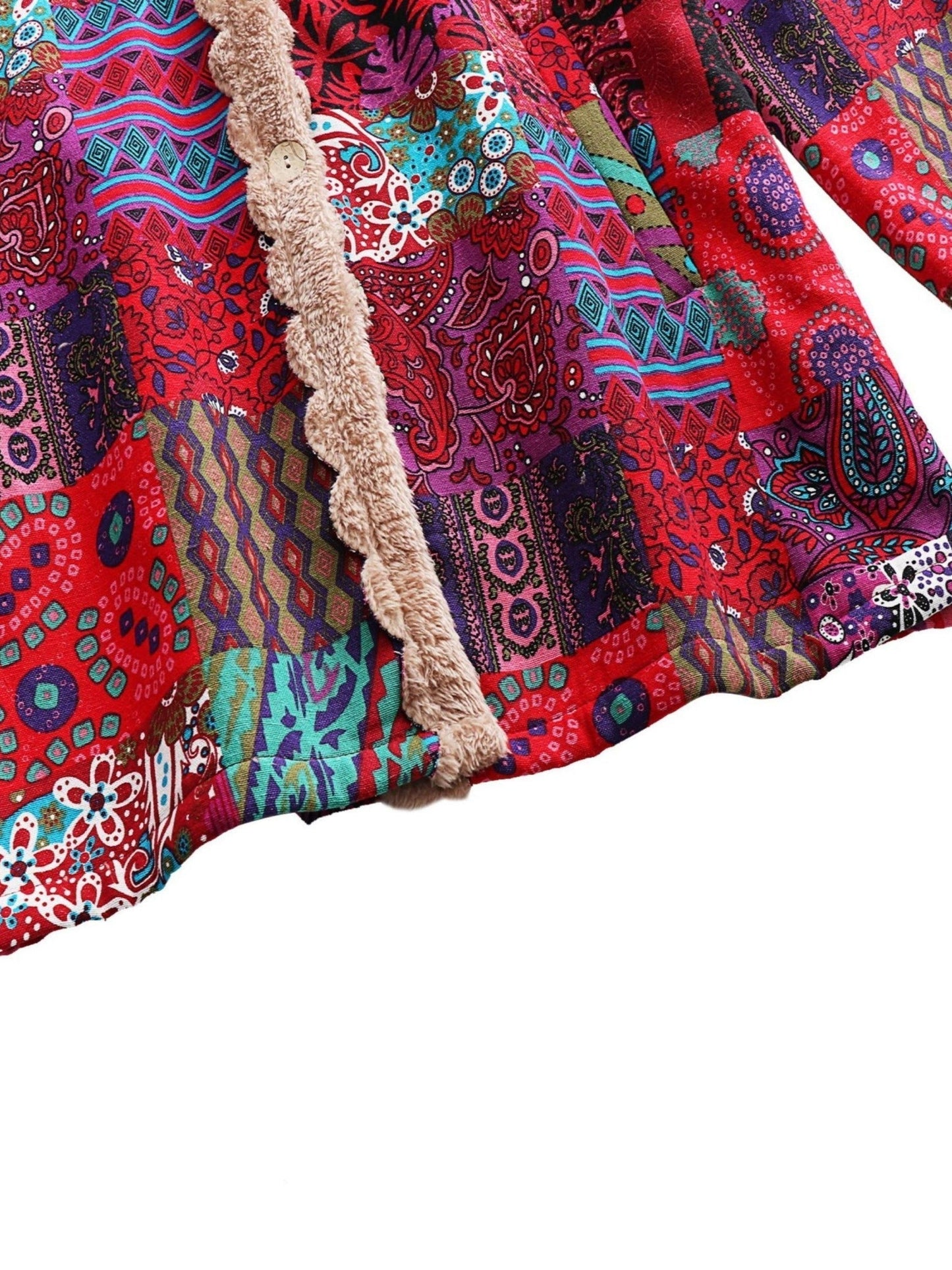 Effortless Patchwork Print Hooded Coat for Women with Long Sleeve Button Front Faux Fur Lined Oversized Style