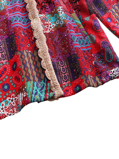 Effortless Patchwork Print Hooded Coat for Women with Long Sleeve Button Front Faux Fur Lined Oversized Style