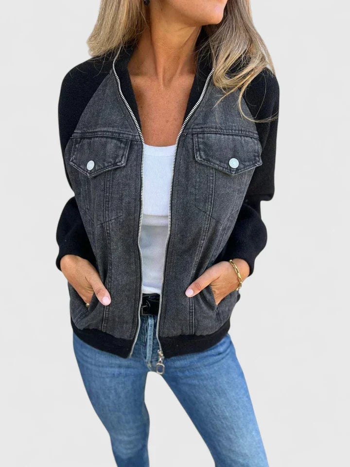 Effortless Colorblock Denim Jacket for Women with Collared Long Sleeve Raglan Zip Front Casual Style