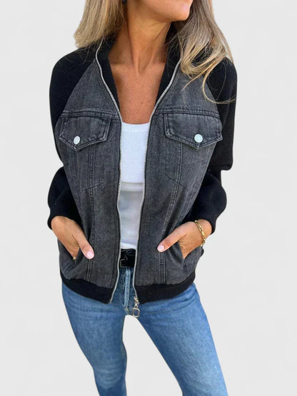 Effortless Colorblock Denim Jacket for Women with Collared Long Sleeve Raglan Zip Front Casual Style