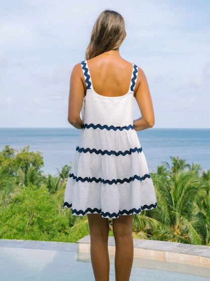 Effortless Ric Rac Trim Tiered Mini Dress for Women with Square Neck Sleeveless Flowy Babydoll Style