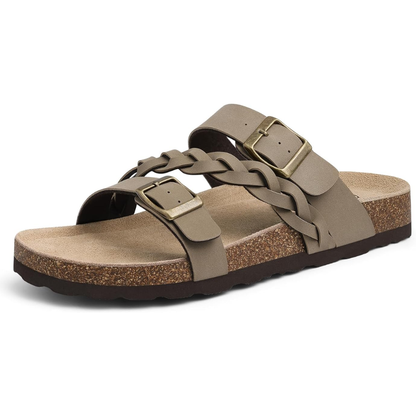 Comfortable Braided Strap Slide Sandal for Women with Double Buckle Cork Footbed Casual Style