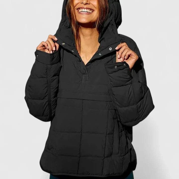 Comfortable Quilted Puffer Jacket for Women with Hooded Long Sleeve Snap Button Oversized Style