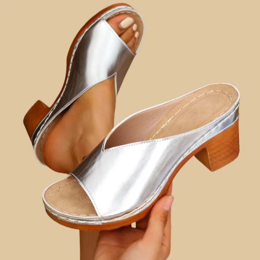 Comfortable Mules Heels for Women with Wide Band Wood Look Block Heel Peep Toe Slide Style