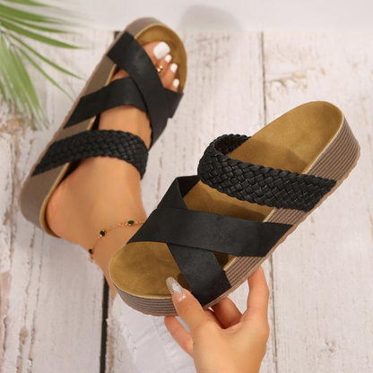 Comfortable Slide Sandals for Women with Crossover Woven Strap Cork Footbed Open Toe Style
