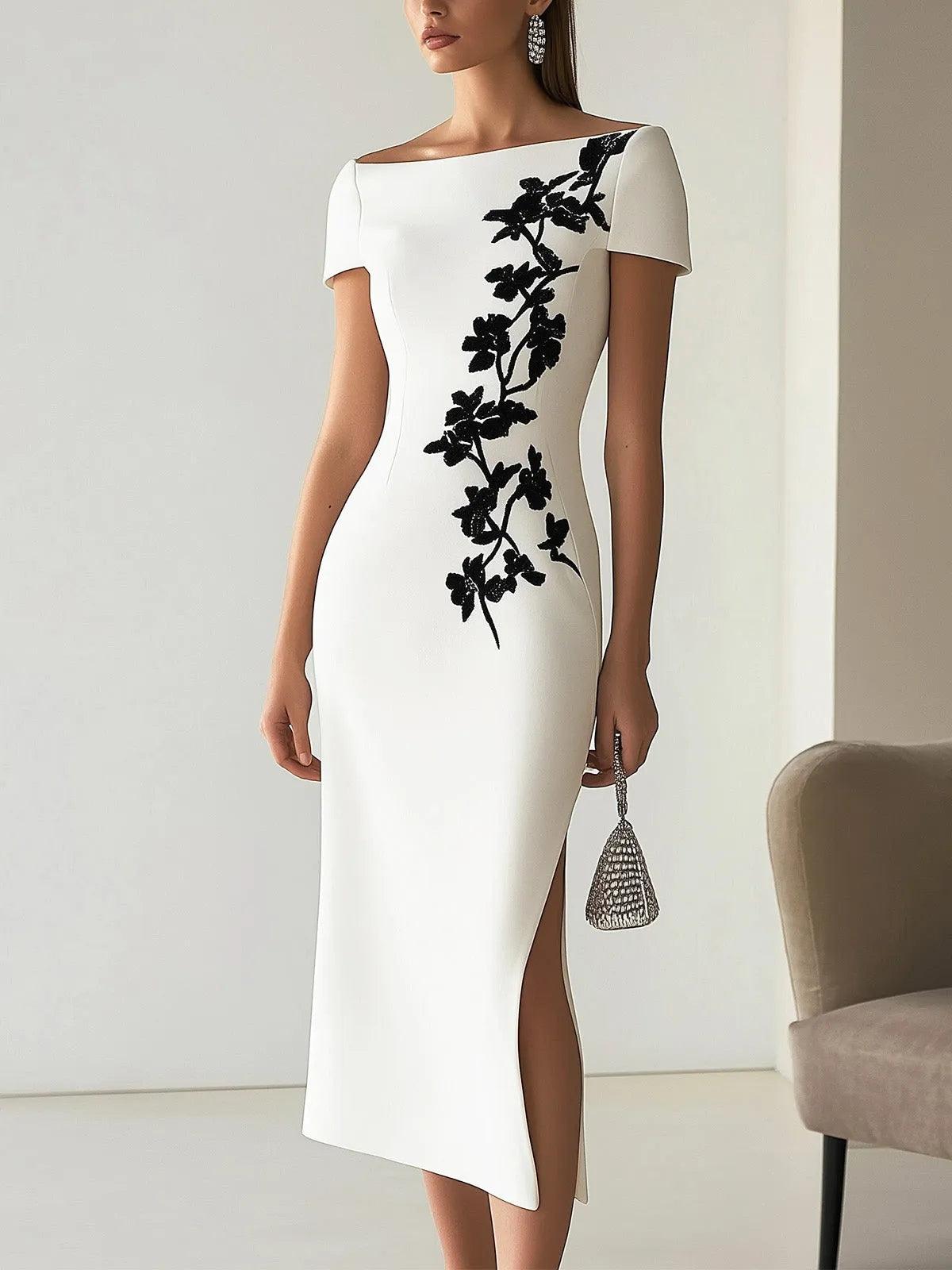 Elegant White Floral Embroidered Midi Dress for Women with Boat Neck Short Sleeve High Slit Bodycon Style