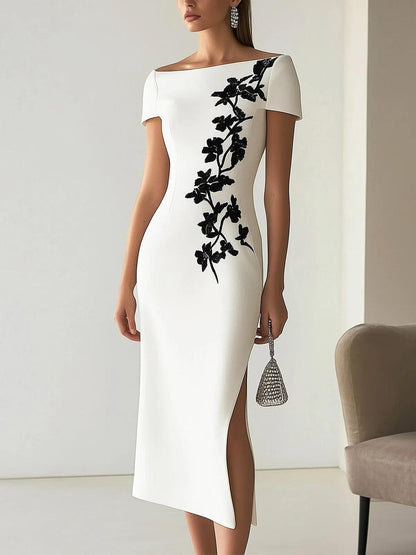 Elegant White Floral Embroidered Midi Dress for Women with Boat Neck Short Sleeve High Slit Bodycon Style