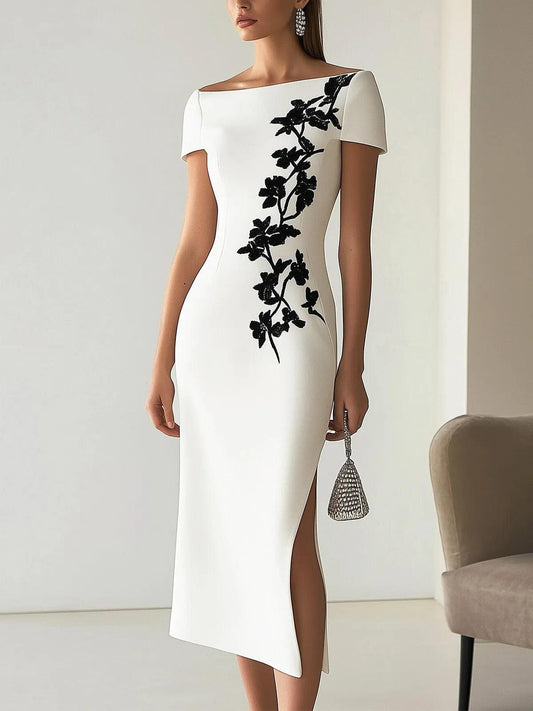 Elegant White Floral Embroidered Midi Dress for Women with Boat Neck Short Sleeve High Slit Bodycon Style