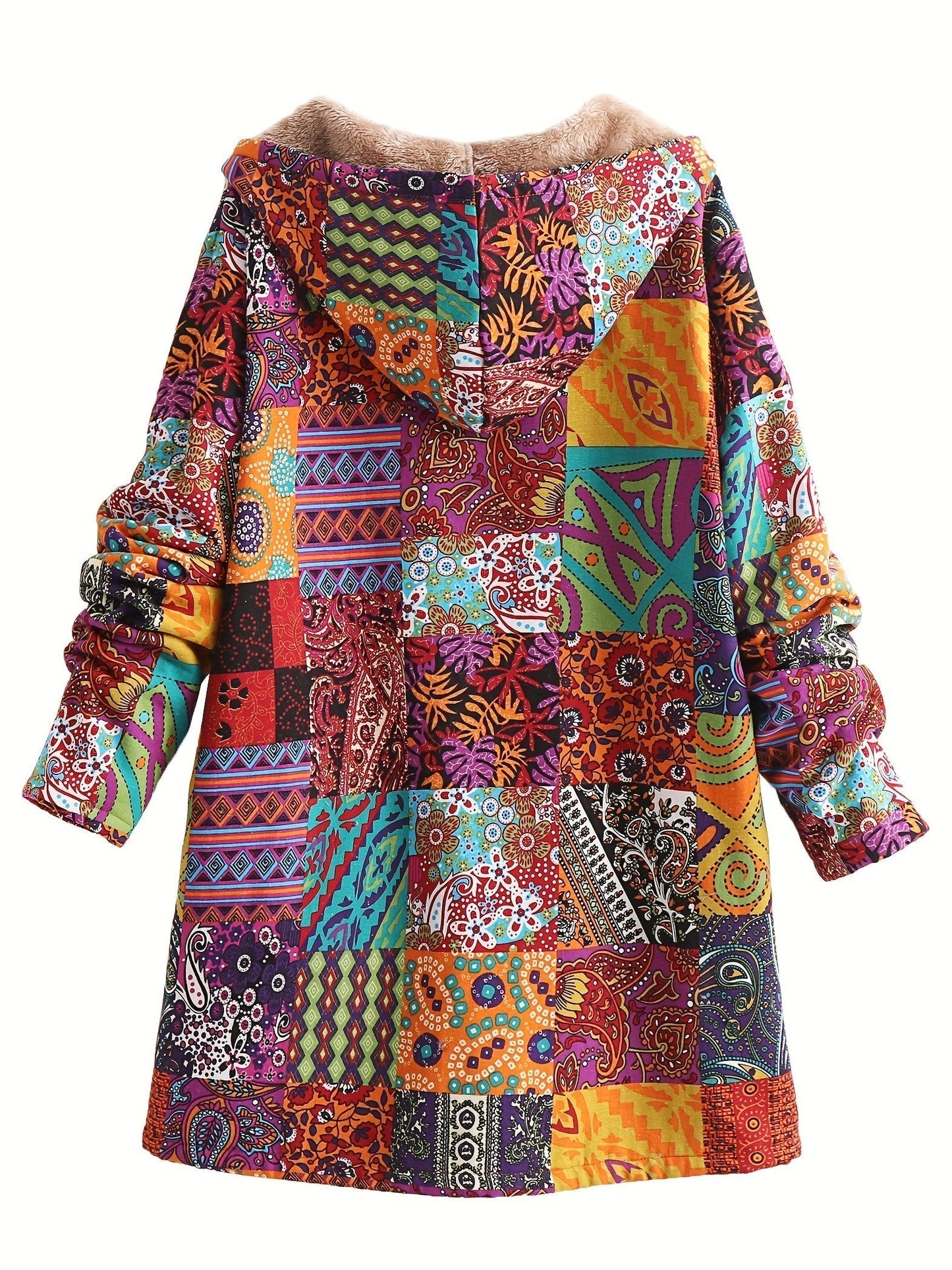 Effortless Patchwork Print Hooded Coat for Women with Long Sleeve Button Front Faux Fur Lined Oversized Style