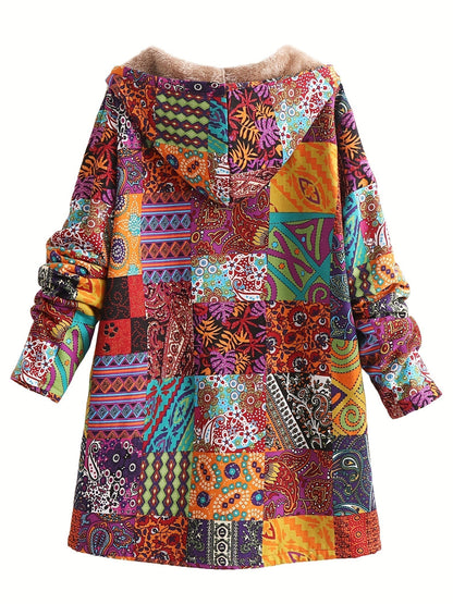 Effortless Patchwork Print Hooded Coat for Women with Long Sleeve Button Front Faux Fur Lined Oversized Style