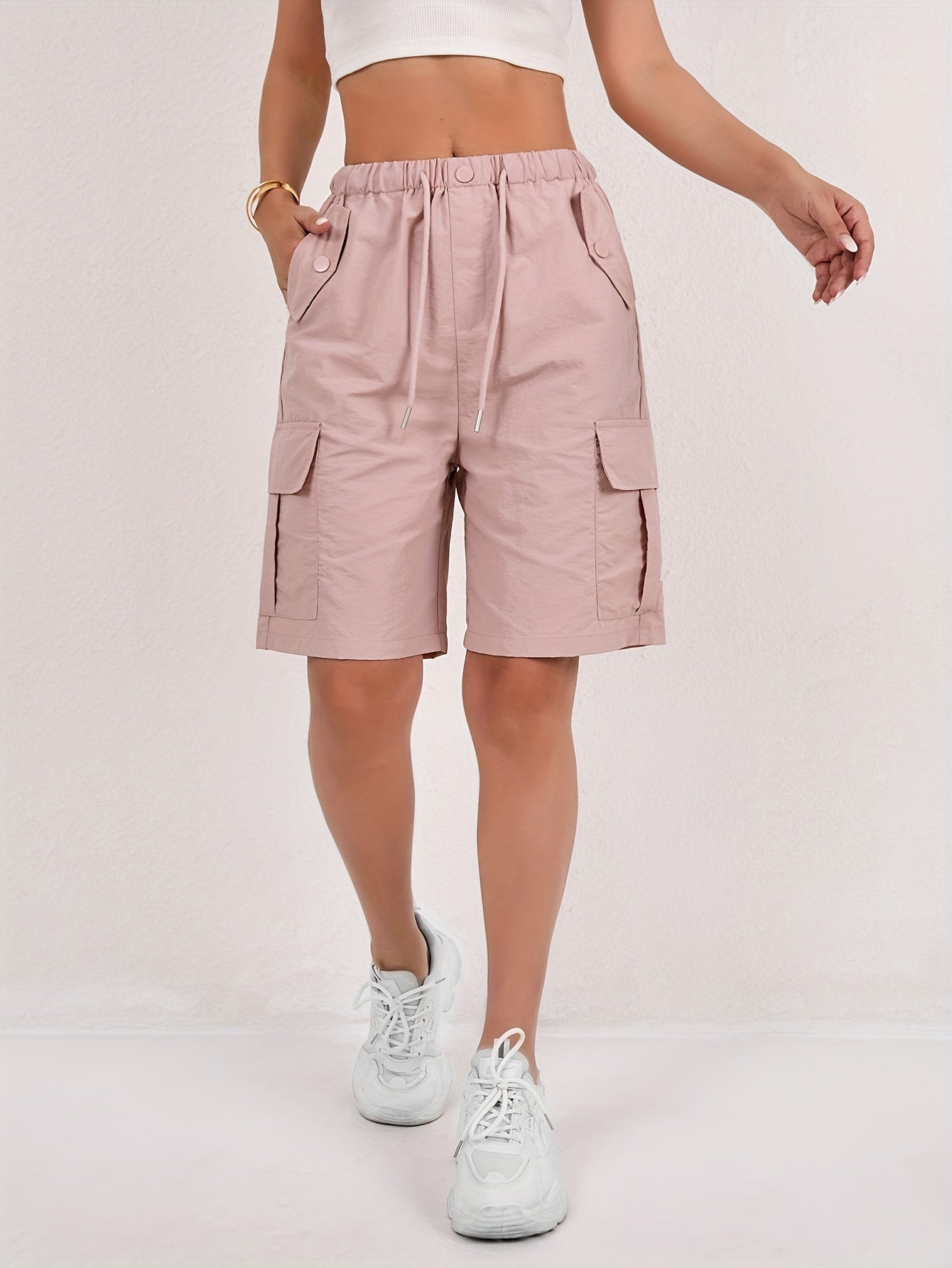 Effortless Pink Cargo Shorts for Women with High Waist Drawstring Flap Pocket Relaxed Style