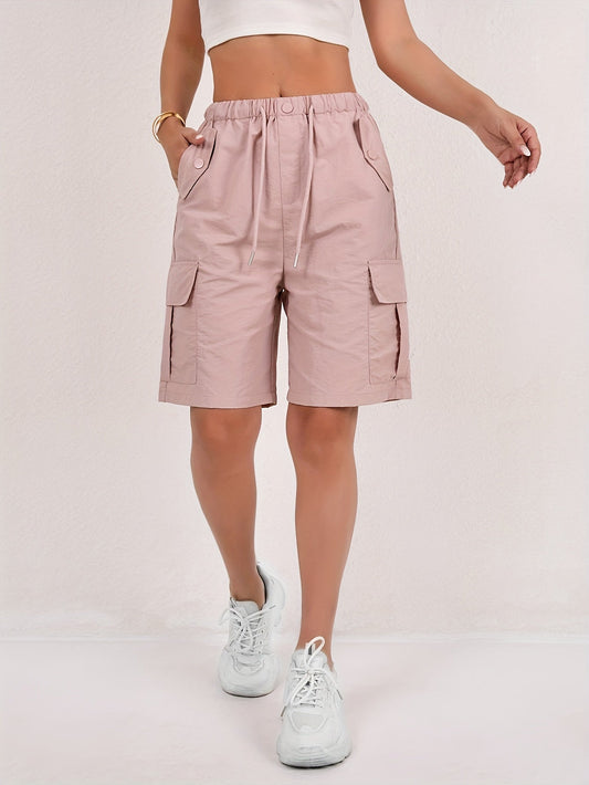 Effortless Pink Cargo Shorts for Women with High Waist Drawstring Flap Pocket Relaxed Style