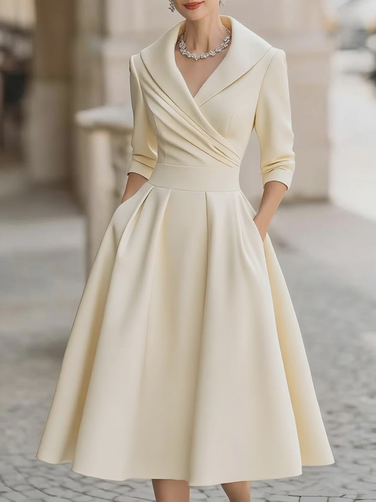 Elegant Satin Midi Dress for Women with Shawl Collar Elbow Sleeve Wrap Pleated Cocktail Style