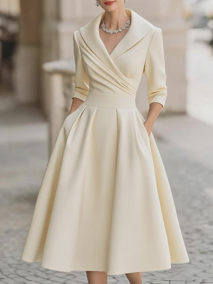 Elegant Satin Midi Dress for Women with Shawl Collar Elbow Sleeve Wrap Pleated Cocktail Style
