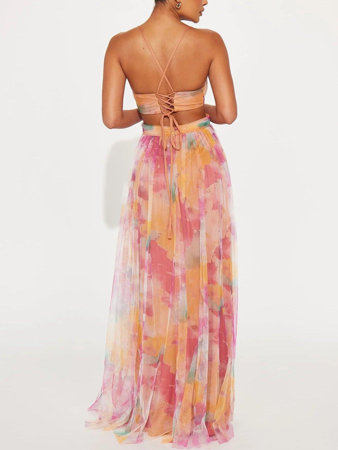 Elegant Watercolor Floral Maxi Dress for Women with V Neck Crisscross Waist Cutout Back Flowing Formal Wedding Guest Style