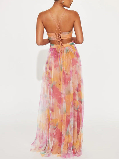 Elegant Watercolor Floral Maxi Dress for Women with V Neck Crisscross Waist Cutout Back Flowing Formal Wedding Guest Style