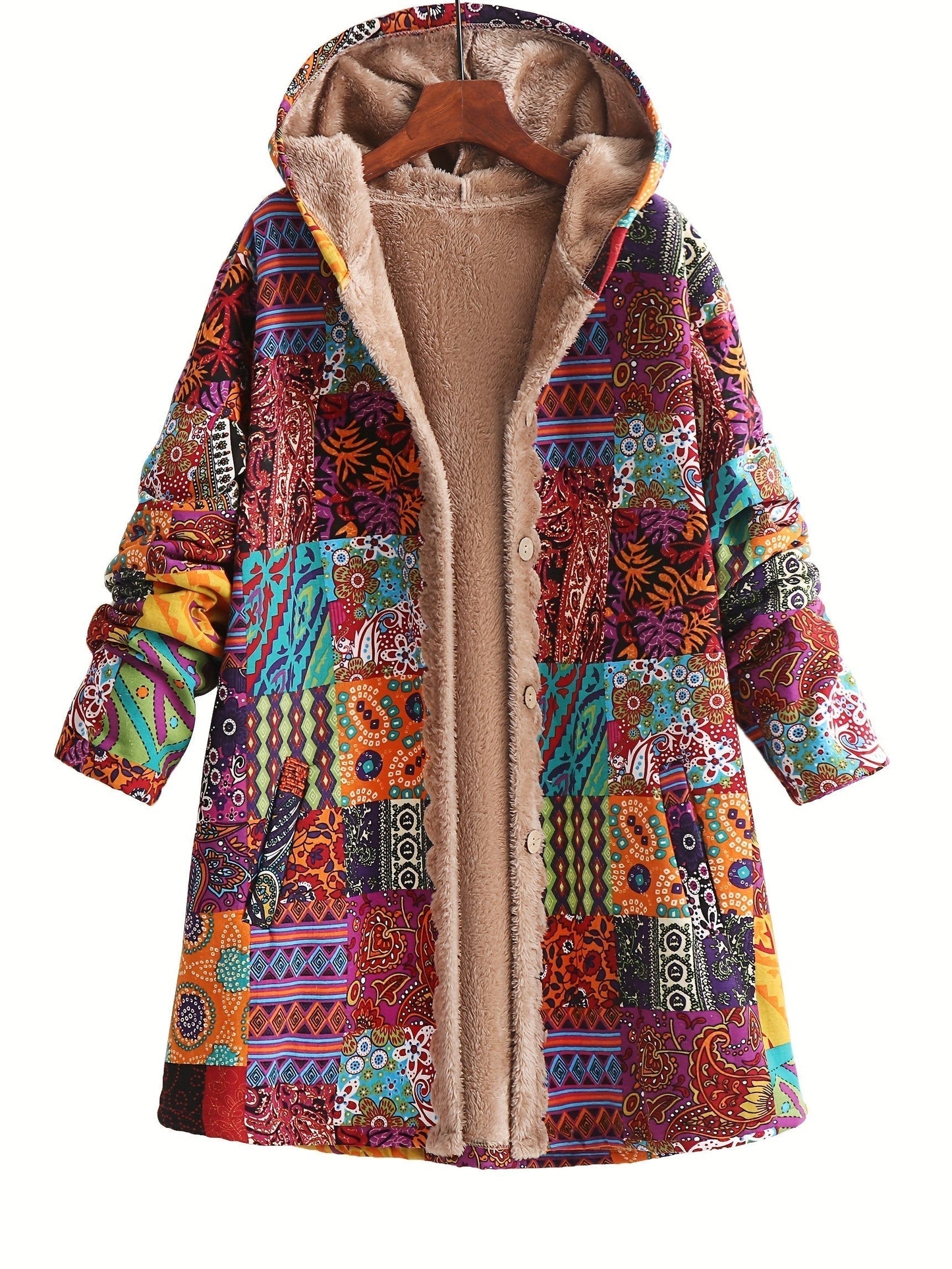 Effortless Patchwork Print Hooded Coat for Women with Long Sleeve Button Front Faux Fur Lined Oversized Style