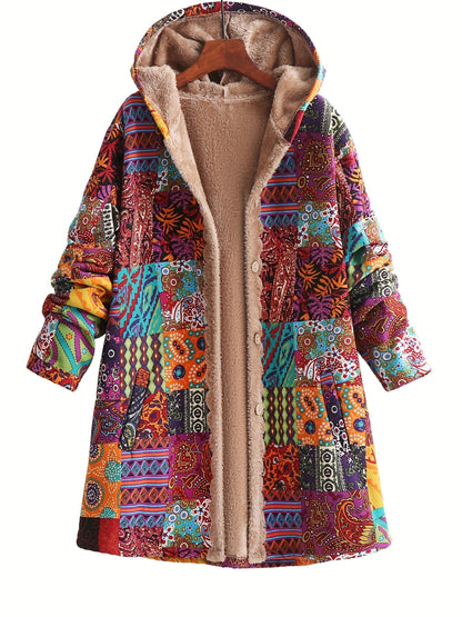 Effortless Patchwork Print Hooded Coat for Women with Long Sleeve Button Front Faux Fur Lined Oversized Style