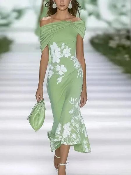 Elegant Floral Midi Dress for Women with Off Shoulder Short Sleeve Ruched Mermaid Hem Wedding Guest Style