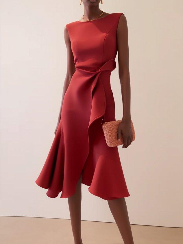 Elegant Draped Midi Dress for Women with Boat Neck Sleeveless Ruffle Hem Cocktail Style
