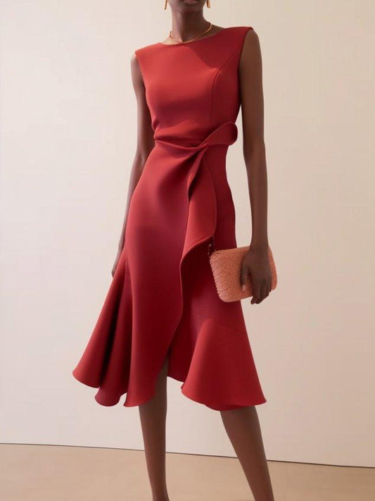 Elegant Draped Midi Dress for Women with Boat Neck Sleeveless Ruffle Hem Cocktail Style