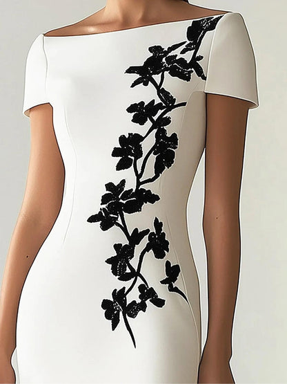 Elegant White Floral Embroidered Midi Dress for Women with Boat Neck Short Sleeve High Slit Bodycon Style
