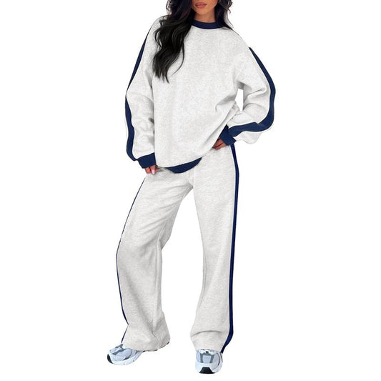 Comfortable Colorblock Fleece Wide Leg Set for Women with Crew Neck Long Sleeve Oversized Relaxed Style