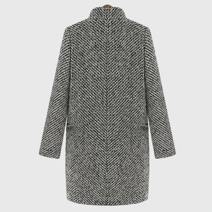Elegant Gray Houndstooth Tweed Coat for Women with Notch Lapel Long Sleeve Single Button Relaxed Style