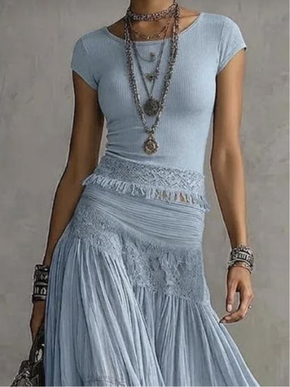 Effortless Blue Lace Trim Two Piece Set for Women with Round Neck Cap Sleeve Tiered Ruffle Bohemian Style