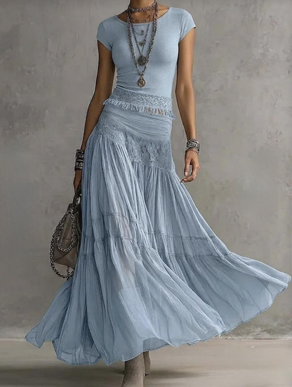 Effortless Blue Lace Trim Two Piece Set for Women with Round Neck Cap Sleeve Tiered Ruffle Bohemian Style