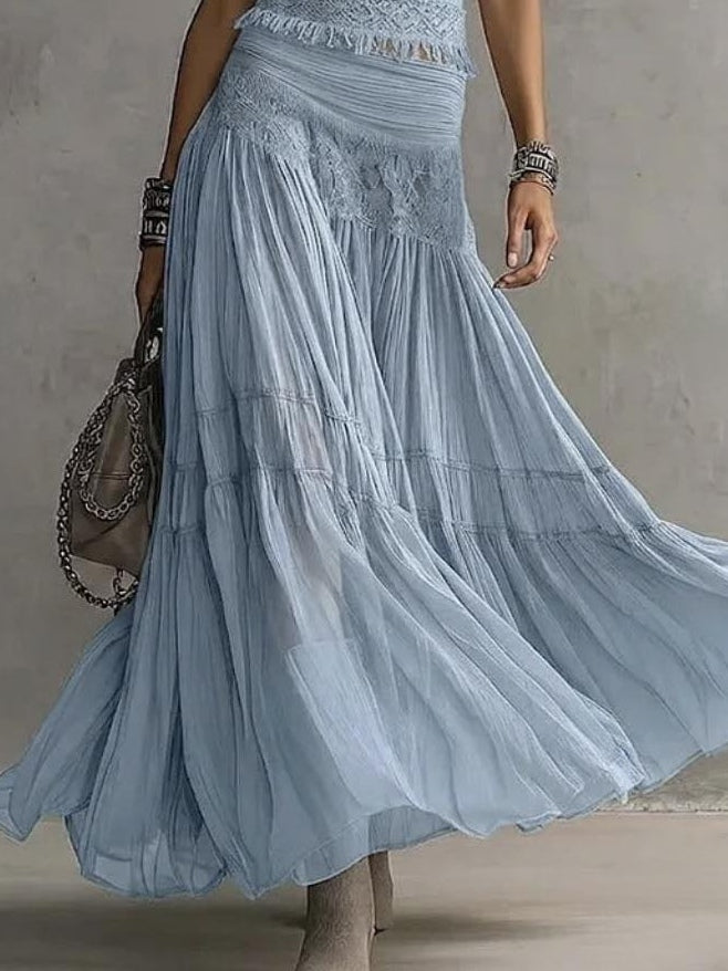 Effortless Blue Lace Trim Two Piece Set for Women with Round Neck Cap Sleeve Tiered Ruffle Bohemian Style