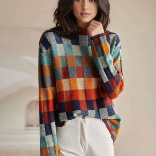 Comfortable Multicolor Checkered Sweater for Women with Mock Neck Long Sleeve Relaxed Oversized Knit Style